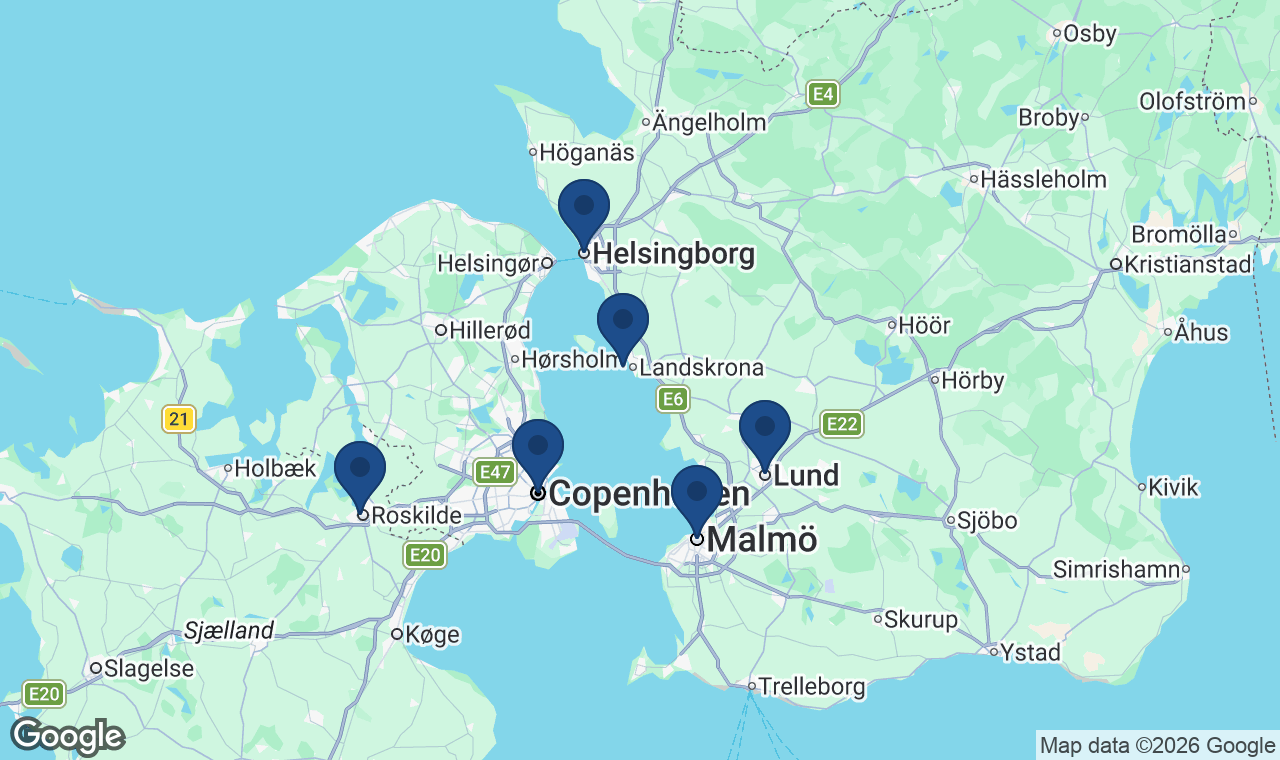 Map of Norse Hrein service areas in Sweden and Denmark